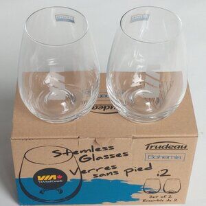 VIA RAIL Stemless Glasses PAIR TRUDEAU Bohemia Set of 2 BNIB European crystallin